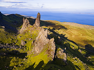 Aerial of the Storr pinnacle, Isle of Skye, Inner Hebrides, Scotland, United Kingdom, Europe