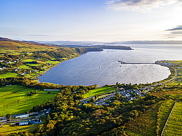 Aerial of Uig bay, Isle of Skye, Inner Hebrides, Scotland, United Kingdom, Europe