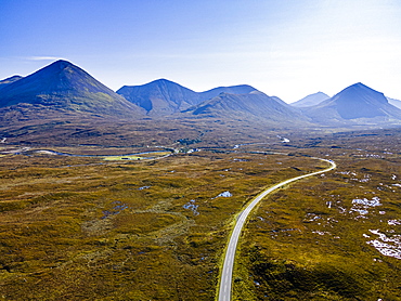 Road leading into the Black Cuillin ridge, Isle of Skye, Inner Hebrides, Scotland, United Kingdom, Europe