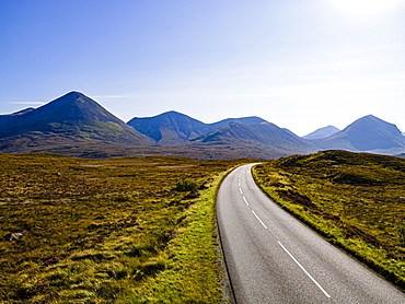 Road leading into the Black Cuillin ridge, Isle of Skye, Inner Hebrides, Scotland, United Kingdom, Europe