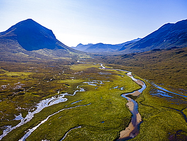 Aerial of the Black Cuillin ridge, Isle of Skye, Inner Hebrides, Scotland, United Kingdom, Europe