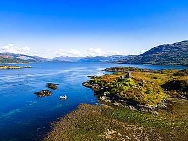 Aerial of Caisteal Maol, Kyleakin, Isle of Skye, Inner Hebrides, Scotland, United Kingdom, Europe