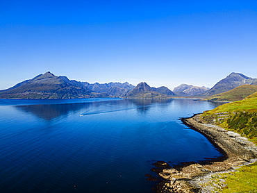 Aerial of the Black Cuillin ridge, Elgol, Isle of Skye, Inner Hebrides, Scotland, United Kingdom, Europe