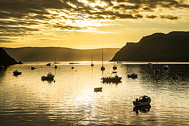 Sunrise in the harbour of Portree, Isle of Skye, Inner Hebrides, Scotland, United Kingdom, Europe