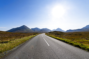 Road leading into the Black Cuillin ridge, Isle of Skye, Inner Hebrides, Scotland, United Kingdom, Europe