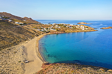 Aerial of Agios Sostis beach, Mykonos, Cyclades, Greek Islands, Greece, Europe