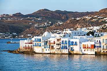 Little Venice at sunset, Horta, Mykonos, Cyclades, Greek Islands, Greece, Europe