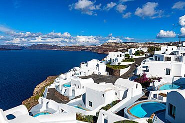 Luxury hotel on the crater rim, Santorini, Cyclades, Greek Islands, Greece, Europe