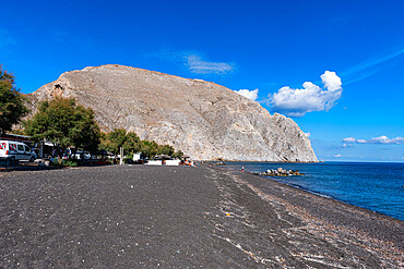 Black lava beach in Perissa, Santorini, Cyclades, Greek Islands, Greece, Europe