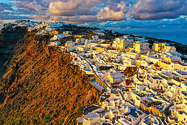 Aerial of Fira at sunset, Santorini, Cyclades, Greek Islands, Greece, Europe