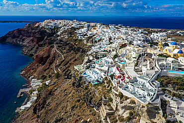 Aerial of Oia, Santorini, Cyclades, Greek Islands, Greece, Europe