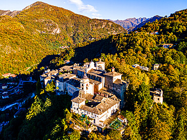 Aerial of Sacro Monte di Varallo, UNESCO World Heritage Site, Piedmont, Italy, Europe