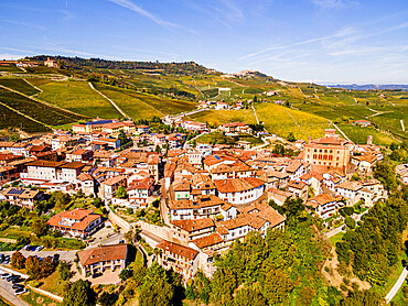 Aerial of the vineyards around Barolo, UNESCO World Heritage Site, Piedmont, Italy, Europe