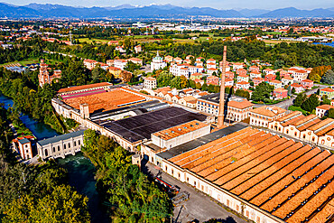 Aerial of the company town of Crespi d'Adda, UNESCO World Heritage Site, Lombardy, Italy, Europe