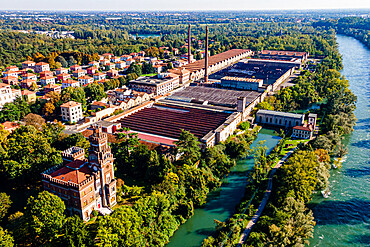 Aerial of the company town of Crespi d'Adda, UNESCO World Heritage Site, Lombardy, Italy, Europe