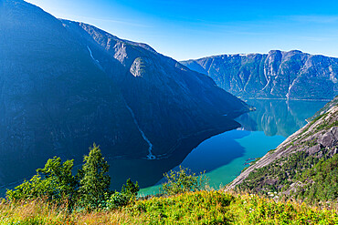 View over Eidfjord from the mountain farm of Kjeasen, Vestland, Norway, Scandinavia, Europe