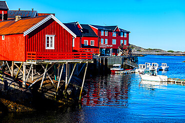 Typical red houses in the village of A, Lofoten, Nordland, Norway, Scandinavia, Europe