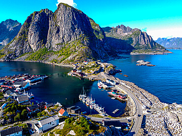 Aerial of Reine and Reinefjord, Lofoten, Nordland, Norway, Scandinavia, Europe