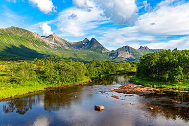 Beautiful river in the mountains of Andenes, Senja scenic road, Norway, Scandinavia, Europe