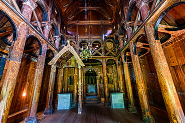 Interior of the Hopperstad Stave Church, Vikoyri, Norway, Scandinavia, Europe