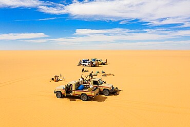 Aerial of people camping in the Tenere Desert, Sahara, Niger, Africa