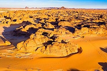 Aerial of beautiful rock formations in the Djado plateau, Tenere Desert, Sahara, Niger, Africa