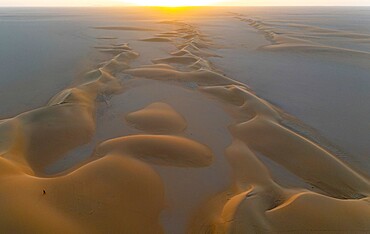 Aerials of sand dunes at sunset, Dirkou, Djado Plateau, Sahara, Niger, Africa