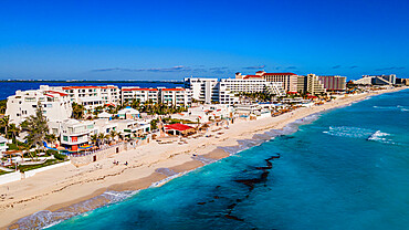 Aerial of the hotel zone with the turquoise waters of Cancun, Quintana Roo, Mexico, North America