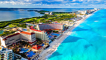 Aerial of the hotel zone with the turquoise waters of Cancun, Quintana Roo, Mexico, North America