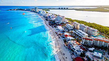 Aerial of the hotel zone with the turquoise waters of Cancun, Quintana Roo, Mexico, North America