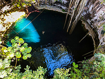 Aerial of Cenote Oxmal, Valladolid, Yucatan, Mexico, North America