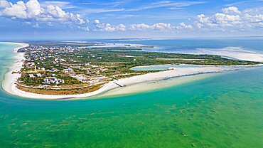 Aerial of the turquoise waters and white sands of Holbox island, Yucatan, Mexico, North America