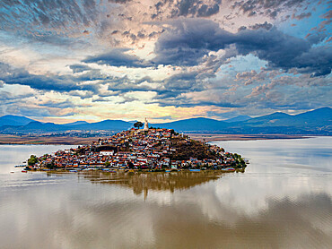 Aerial of the Janitzio island on Lake Patzcuaro, Michoacan, Mexico, North America