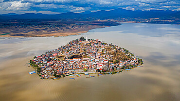 Aerial of the Janitzio island on Lake Patzcuaro, Michoacan, Mexico, North America