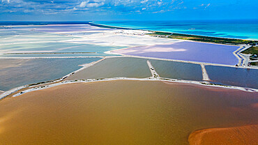 Aerial of the colourful salinas of Las Coloradas, Yucatan, Mexico, North America