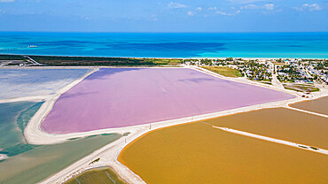 Aerial of the colourful salinas of Las Coloradas, Yucatan, Mexico, North America