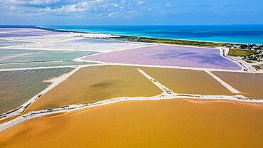 Aerial of the colourful salinas of Las Coloradas, Yucatan, Mexico, North America