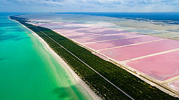 Aerial of the colourful salinas of Las Coloradas, Yucatan, Mexico, North America