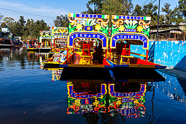 Colourful boats on the Aztec canal system, UNESCO World Heritage Site, Xochimilco, Mexico City, Mexico, North America