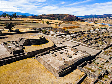 Aerial of the Mesoamerican archaeological site of Tecoaque, Tlaxcala, Mexico, North America