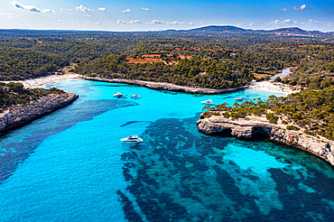 Aerial of Parc Natural de Mondrago, Mallorca (Majorca), Balearic Islands, Spain, Mediterranean, Europe