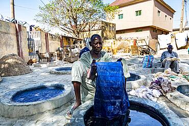 Man dyeing clothes with Indigo, Dyeing pits, Kano, Kano state, Nigeria, West Africa, Africa