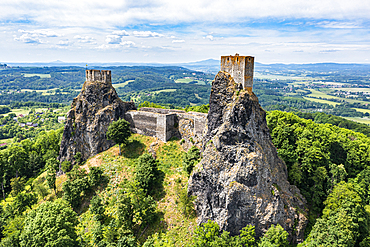 Aerial of Rock town of Hruba Skala with the castle in the background, Bohemian Paradise, Czech Republic, Europe