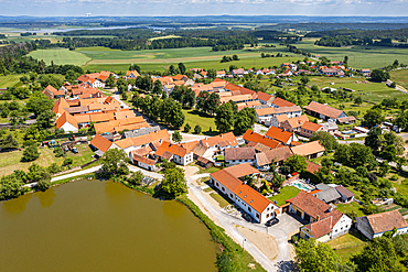 Aerial of the historic village of Holasovice, UNESCO World Heritage Site, South Bohemia, Czech Republic, Europe