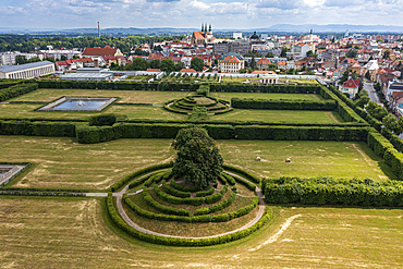 Aerial of the botanical Gardens and Castle at Kromeriz,, UNESCO World Heritage Site, Zlin region, Czech Republic, Europe