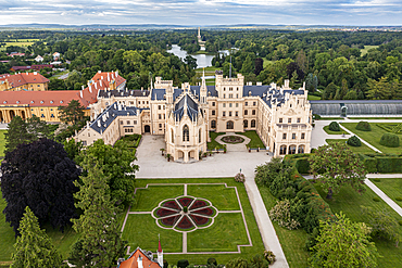 Aerial of Lednice Palace, Lednice-Valtice Cultural Landscape, UNESCO World Heritage Site, South Moravia, Czech Republic, Europe