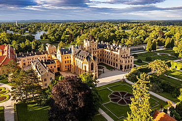 Aerial of Lednice Palace, Lednice-Valtice Cultural Landscape, UNESCO World Heritage Site, South Moravia, Czech Republic, Europe