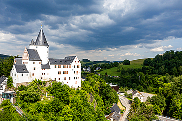 Aerial of St. Georgen Kirche and Palace, town of Schwarzenberg, Ore Mountains, UNESCO World Heritage Site, Saxony, Germany, Europe