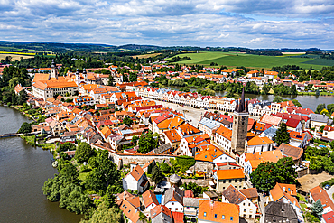 Aerial of the historic center of Telc, UNESCO World Heritage Site, South Moravia, Czech Republic, Europe