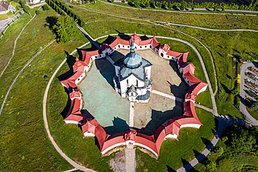 Aerial of the Pilgrimage Church of Saint John of Nepomuk, UNESCO World Heritage Site, Zelena Hora, Czech Republic, Europe